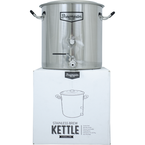 8.5 Gallon Brew Kettle | Stainless Steel | Two Welded Couplers | Ball Valve Included | Silicone Handle Grips | Volume Markers