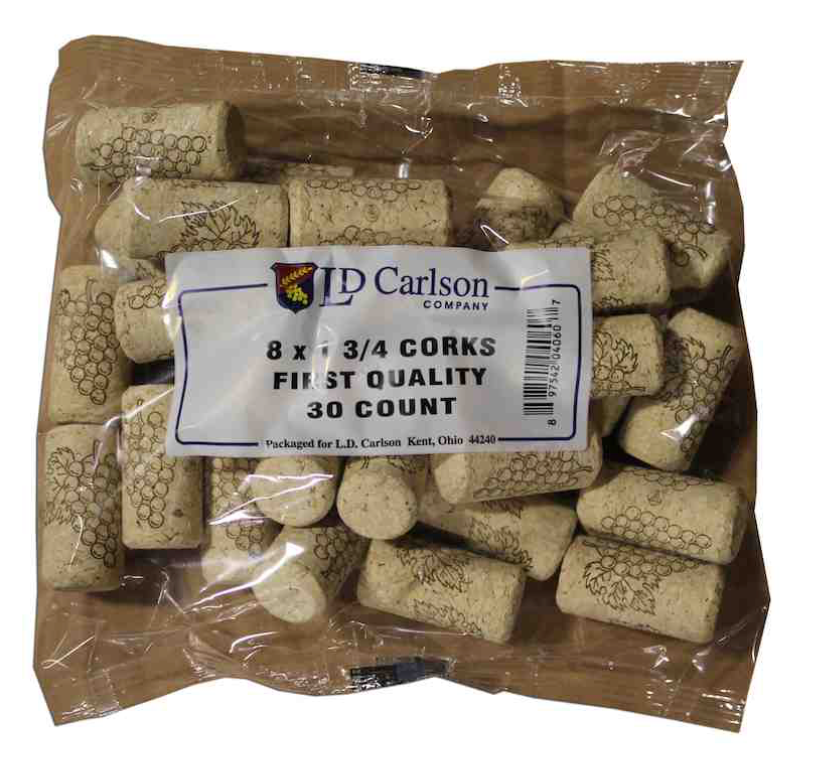 8X1 3/4 FIRST QUALITY STRAIGHT WINE CORKS 44 X 22mm 30/BAG
