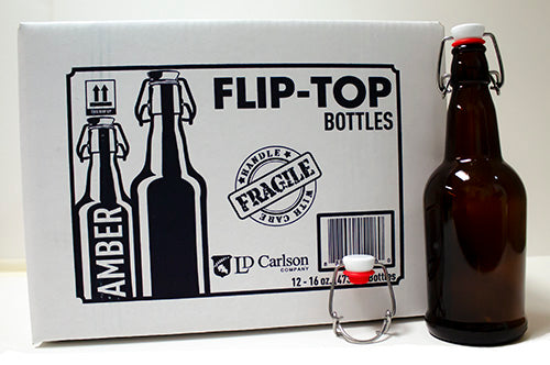 16 OZ AMBER FLIP-TOP BOTTLES WITH CAPS INCLUDED, 12/CASE